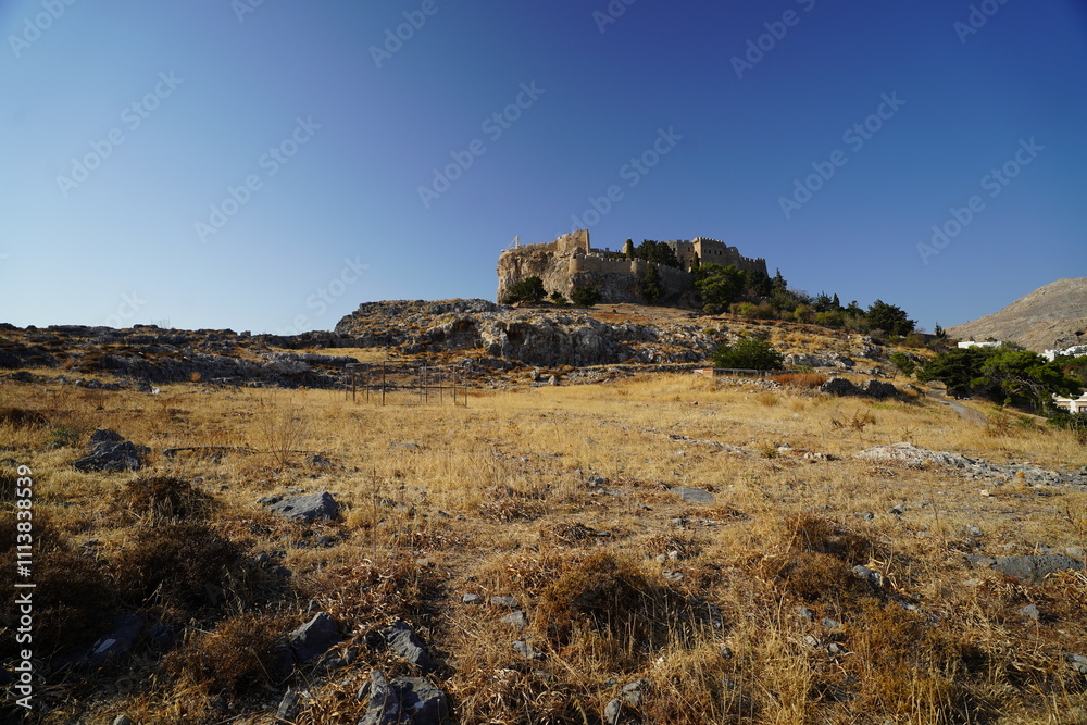 panorama of the acropolis of Lindos and rocky hills panorama of the acropolis of Lindos and rocky hills