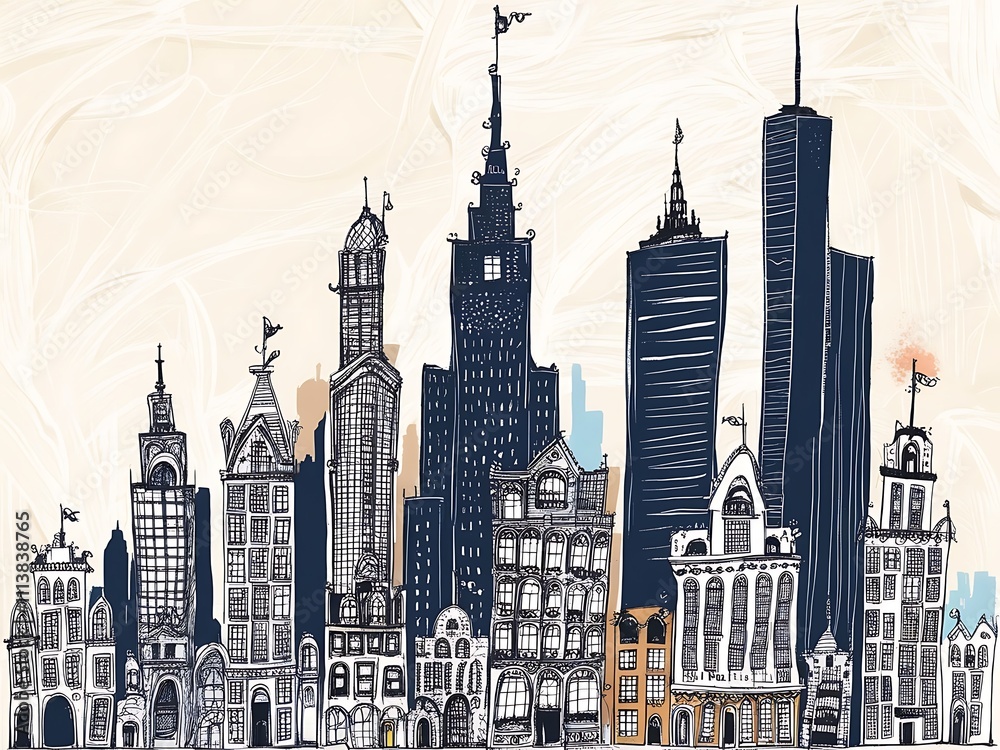 Naklejka premium A Cityscape Featuring Diverse Architectural Styles Of Buildings