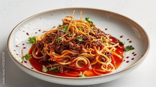 A plate of spaghetti topped with beef, garnished with herbs and drizzled in sauce.