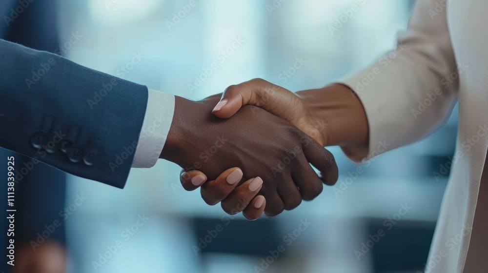Close-Up of Diverse Professionals Shaking Hands in Office Setting Close-Up of Diverse Professionals Shaking Hands in Office Setting