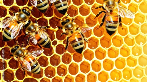 Close-up of Honey Bees Collecting Nectar on Honeycomb Surface