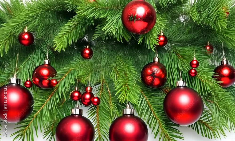 Bright red ornaments hang gracefully on lush evergreen branches, enhancing the festive spirit and holiday warmth in a cozy setting Bright red ornaments hang gracefully on lush evergreen branches, enhancing the festive spirit and holiday warmth in a cozy setting