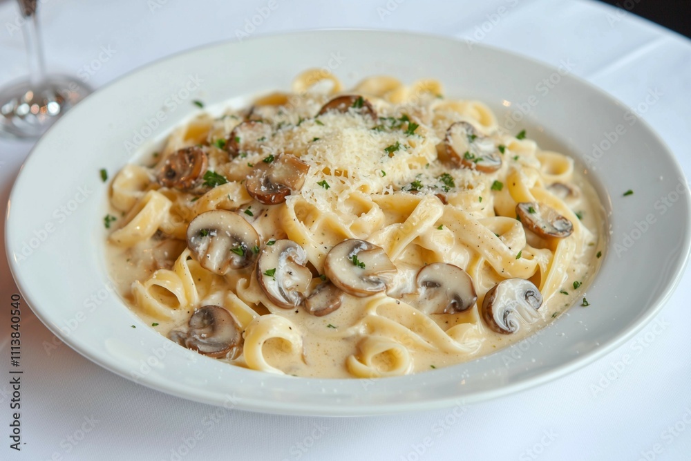 Delicious Creamy Mushroom Pasta Dish with Parmesan Garnish Delicious Creamy Mushroom Pasta Dish with Parmesan Garnish