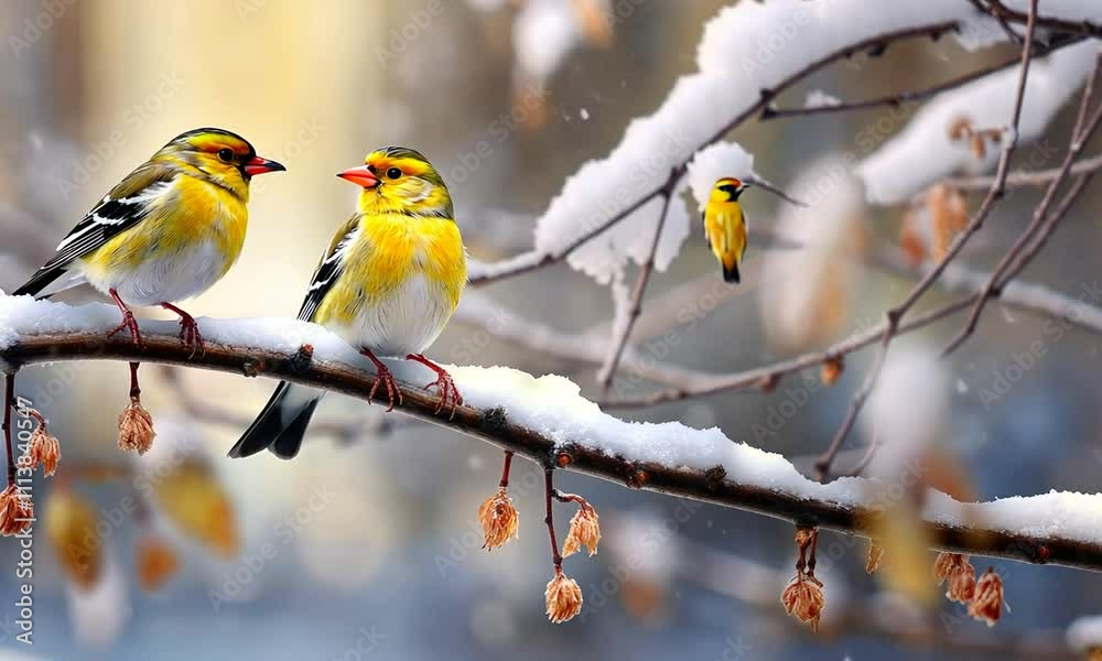 Bright yellow songbirds enjoy a snowy winter morning perched on a frosty branch amidst subtle nature's beauty