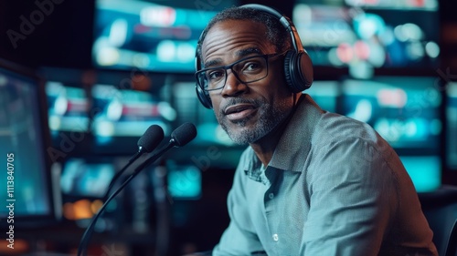 A man wearing headphones and glasses is sitting in front of a computer monitor. He is a news reporter