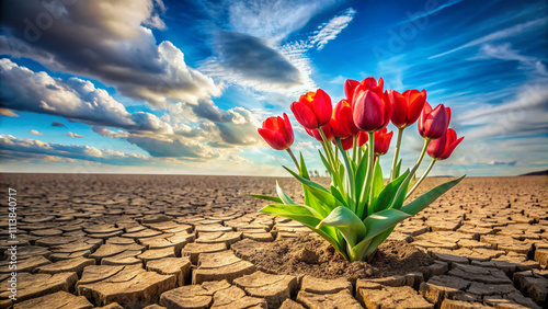 Red tulips grow on the cracked earth, symbolising hope and survival. The contrast between life and drought emphasises the power of nature and the impact of climate change