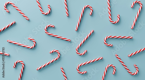 Christmas pattern with candy canes on light blue background, top view, 3d rendering