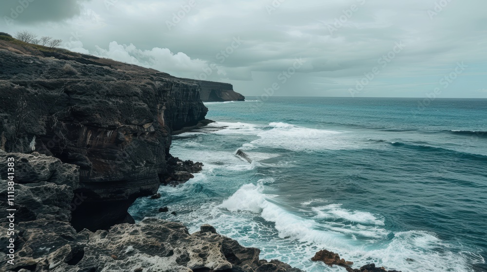 Fototapeta premium Dramatic Ocean Cliffs and Waves Under Cloudy Sky at Coastal Shore