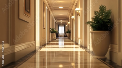 Sunlit Elegance  A Grand Hotel Corridor