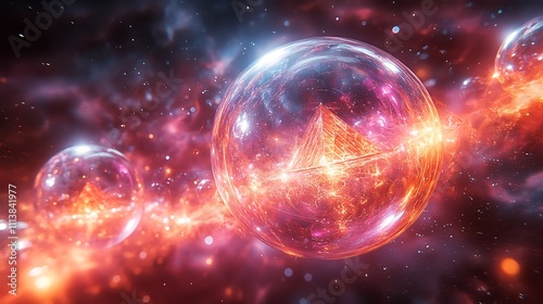 A futuristic bubble with internal rotating pyramids and refracted light beams passing through its transparent surface
