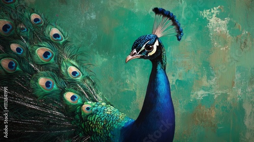 Portrait of a male peacock on a green background