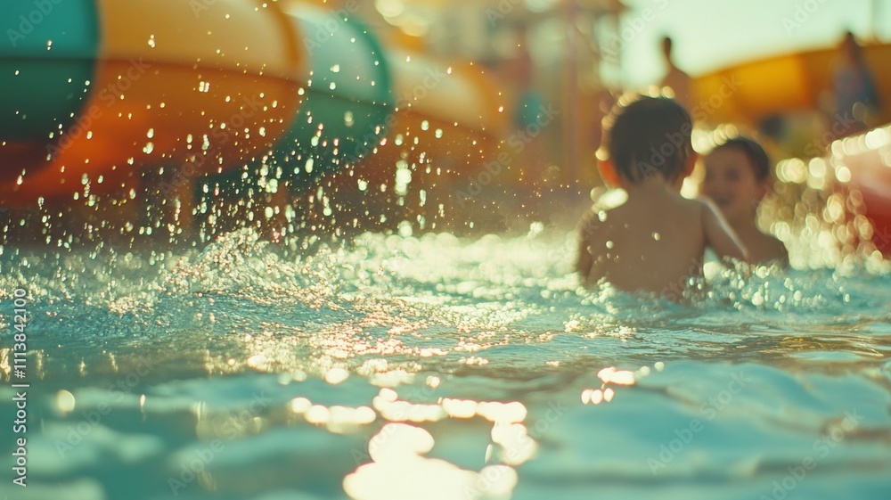 Obraz premium A boy and a girl are playing in a pool. The boy is splashing water on the girl