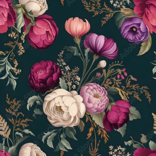 Wallpaper Mural Seamless digital illustration of a floral design with a dark, deep teal background. Torontodigital.ca