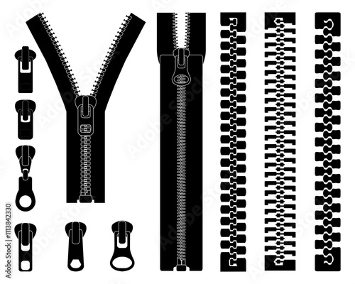 Set of different zippers black silhouettes on a white background	