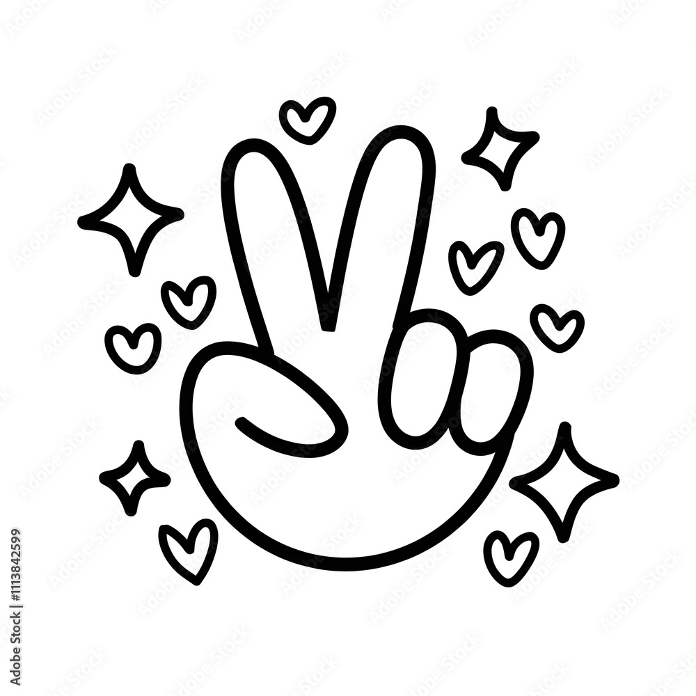 A black and white coloring book line art of a hand with peace fingers, surrounded by stars and hearts. A black and white coloring book line art of a hand with peace fingers, surrounded by stars and hearts.