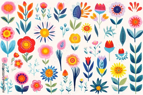 Abstract Hand drawn abstract wildflowers, set flowers and leaves, flat icons. Vector illustration
