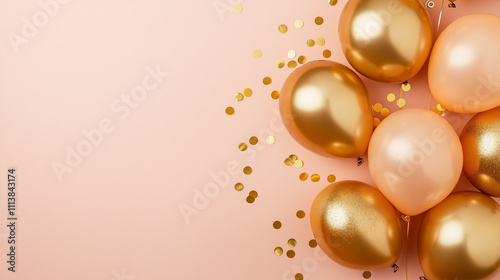 Golden balloons and confetti on pink background with copy space 