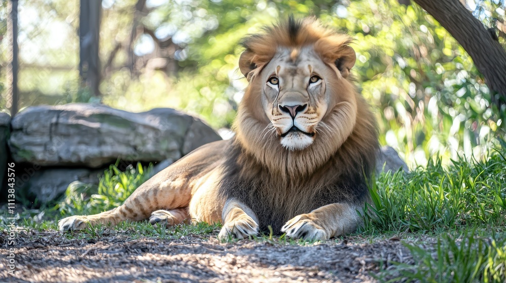 Majestic Lion Resting Gracefully in Sunlit Natural Habitat Majestic Lion Resting Gracefully in Sunlit Natural Habitat