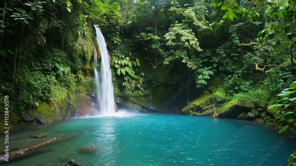 Tranquil Waterfall Surrounded by Lush Green Jungle Paradise