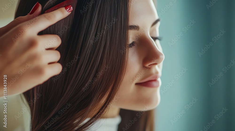 Fototapeta premium A stylist is brushing a woman's long, straight hair.