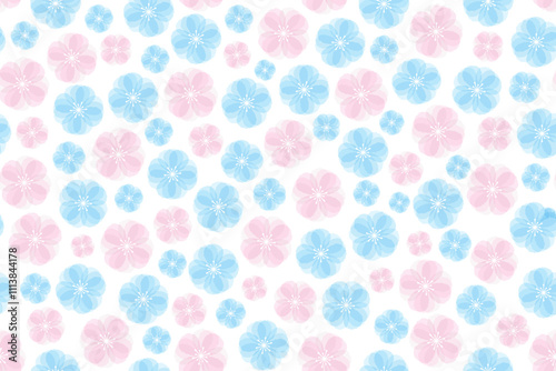 Abstract floral seamless pattern design in gradient blue and pink color palette on white background, for background or wallpaper.