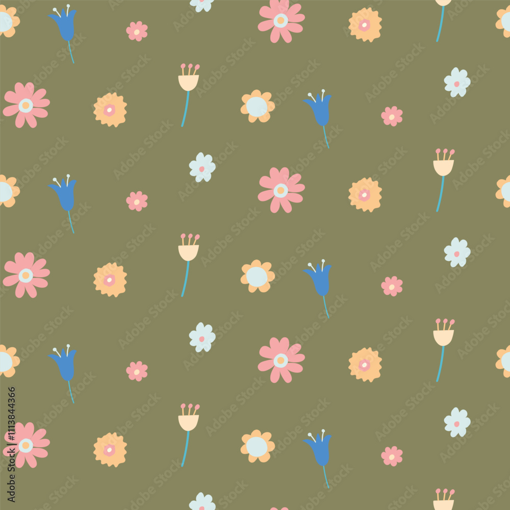 Fototapeta premium Minimalistic Seamless Pattern With Colorful Flowers On Green Background