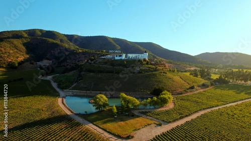 Aerial establishing shot of scenic location of Indomita Vineyard at Casablanca Valley, Chile