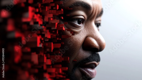 Digital transformation, man's face dissolving into red cubes.