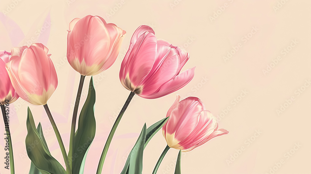 Pink Tulips on Beige Background: Close-up of pink tulip flowers on a beige background. Botanical fine art poster. Pink Tulips on Beige Background: Close-up of pink tulip flowers on a beige background. Botanical fine art poster.