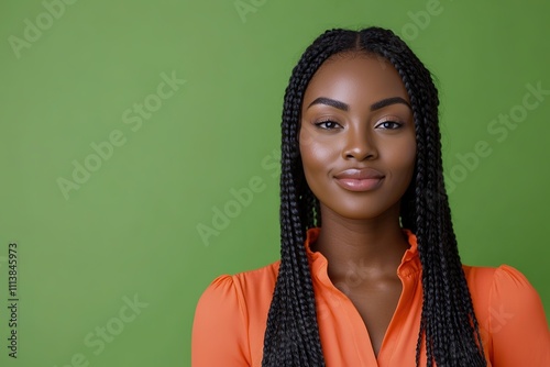 Confident black woman with braids on green backdrop