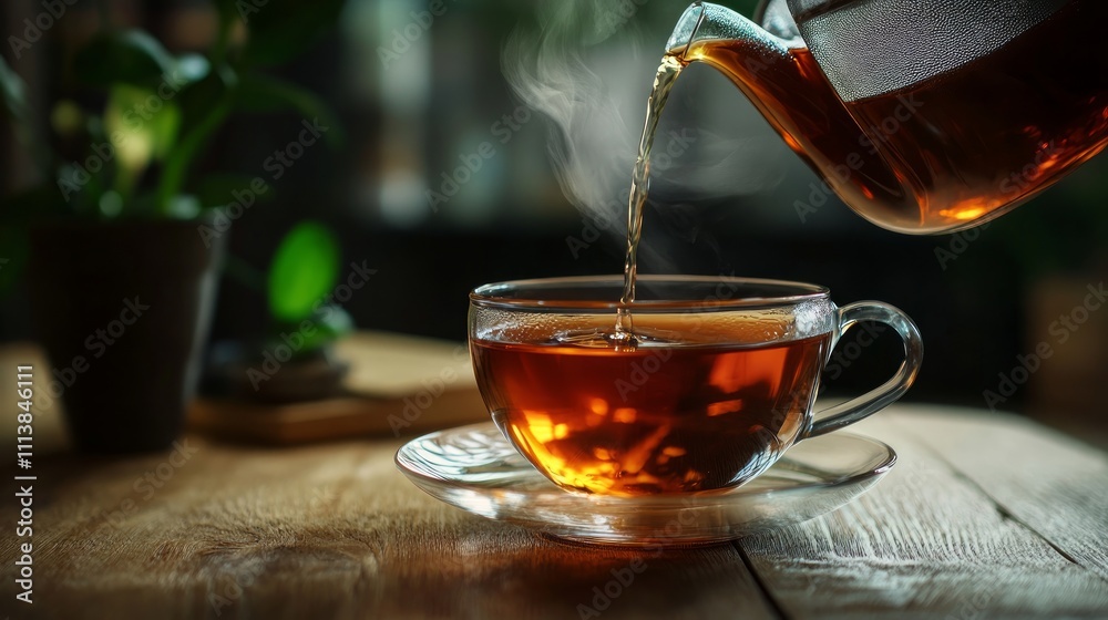 Fototapeta premium Pouring black tea into glass cup on wooden table