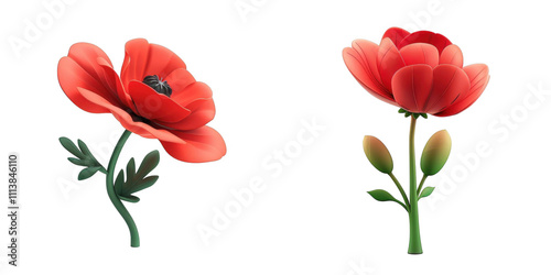 3d render blooming poppy isolated on transparent background Cartoon Illustration in plastic style