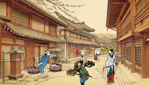 Tableau sur toile 町の人（背景：生成AI）