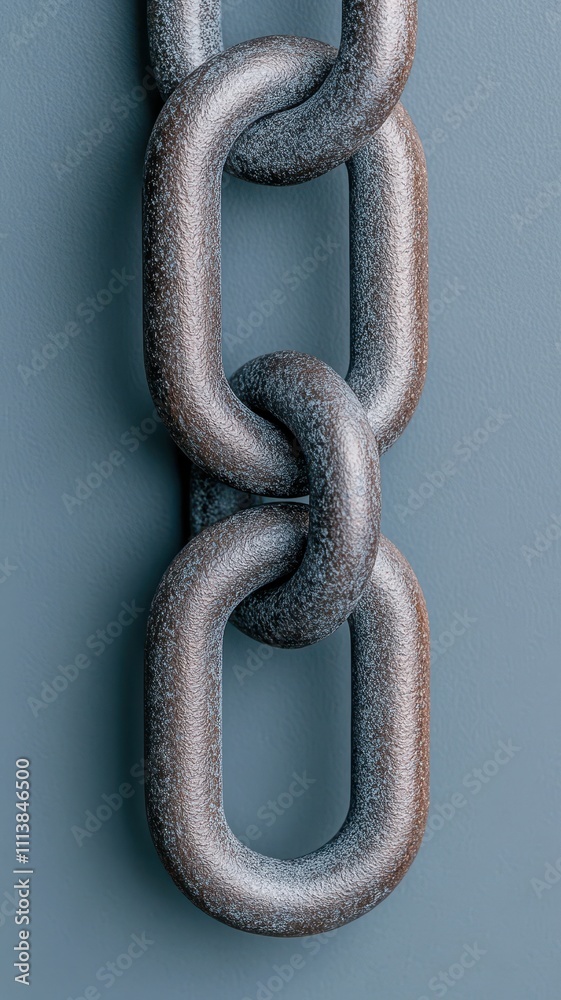 Obraz premium A close-up of a metallic chain link against a solid background, showcasing its texture and structure.