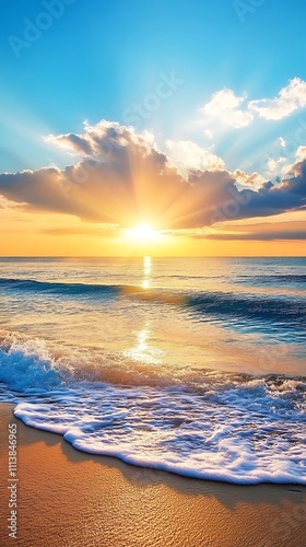 Vibrant beach sunset with calm ocean view image