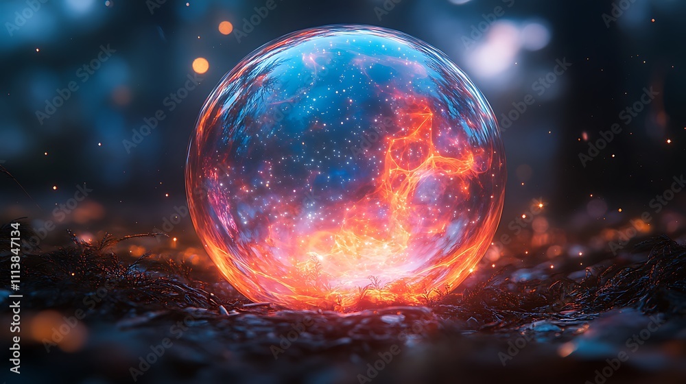 A floating bubble with internal holographic projections of abstract structures surrounded by faint stars