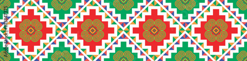 Hmong ethnic fabric pattern designed in the style of white Hmong, green and red.