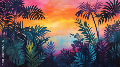 Vibrant Tropical Sunset Lush Foliage and Colorful Sky