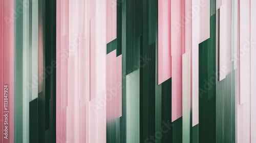 A mesmerizing abstract artwork showcasing soft pink and deep forest green vertical lines, suggesting movement and depth. The textures and color gradients provide a modern and fluid aesthetic. photo