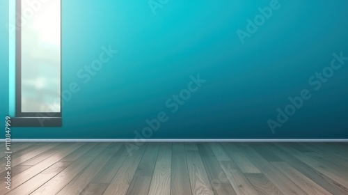 soft blue green turquoise empty wall wooden parquet floor corner room scene product presentation advertising hold of window on wall photo