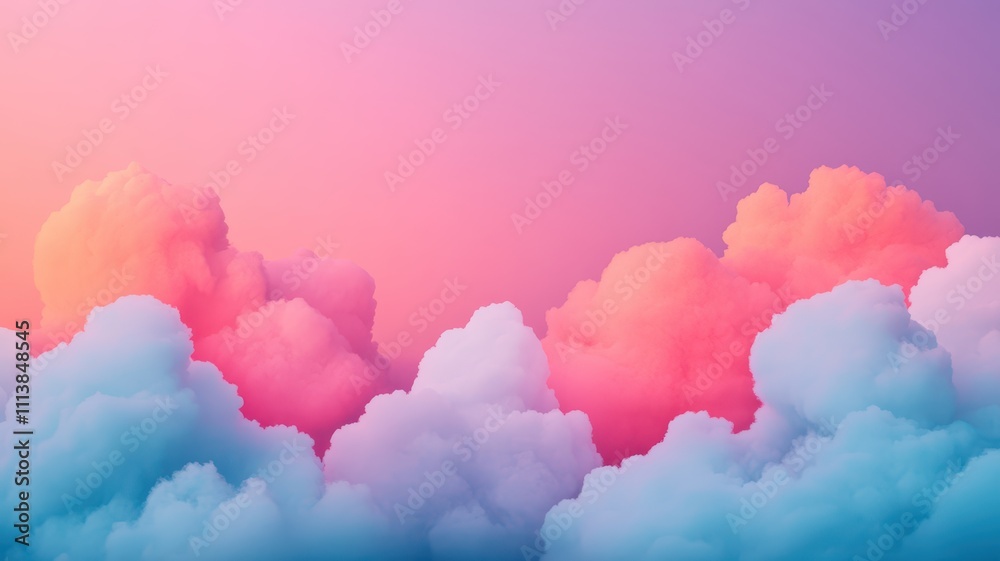 Naklejka premium Soft, pastel clouds blend harmoniously in a dreamy sky, transitioning from pink to blue, creating a serene and tranquil atmosphere.