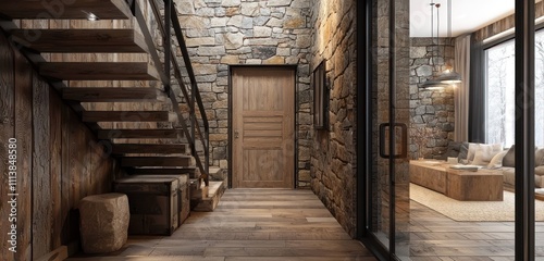 Cozy modern entrance hall with a rustic wooden staircase and stone cladding wall.