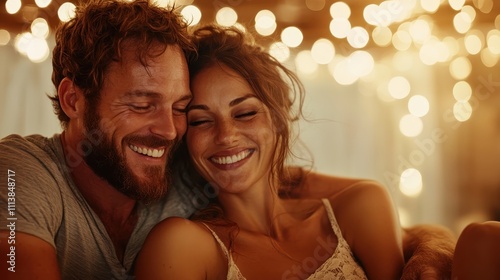 A happy couple sits closely together, sharing a joyful moment under warm bokeh lighting, highlighting love, warmth, and the intimacy of their connection.