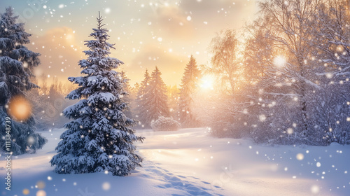 Snowy winter landscape with frosted trees, soft sunlight, and falling snowflakes in a serene forest