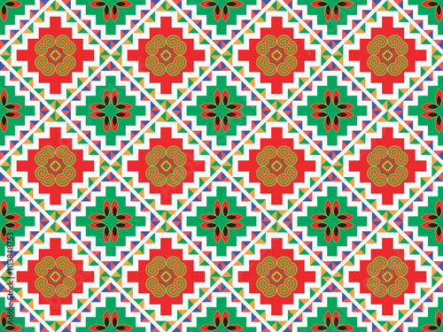 Hmong ethnic fabric pattern designed in the style of white Hmong, green and red.