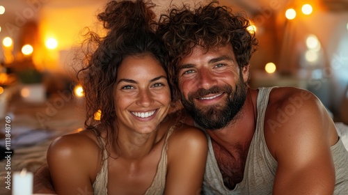 A couple is seen smiling warmly in a cozy setting, suggesting a relaxed and intimate moment. The soft lighting amplifies their joy and affection for each other.