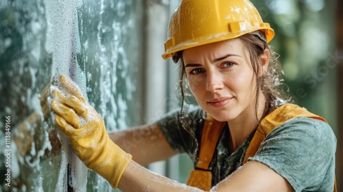 A female worker wearing yellow safety gear is actively washing windows, demonstrating commitment to cleanliness and attention to detail in her task. photo