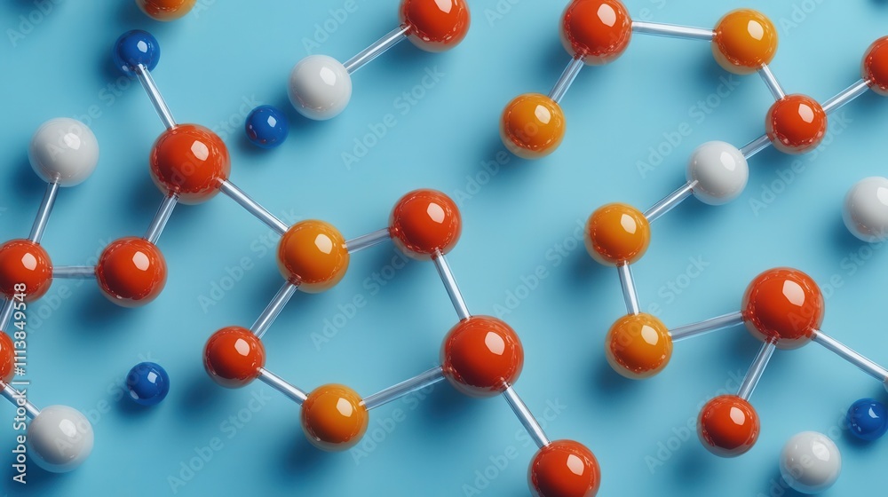 A colorful molecular structure on a blue background, showcasing interconnected atoms represented by different colored spheres. A colorful molecular structure on a blue background, showcasing interconnected atoms represented by different colored spheres.