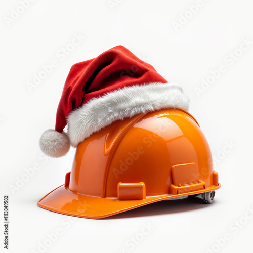 construction helmet with santa hat on white background . Generative AI photo