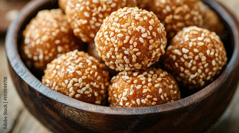 Close up of sesame chicken bites, served in a rustic wooden bowl with a garnish of sesame seeds Close up of sesame chicken bites, served in a rustic wooden bowl with a garnish of sesame seeds